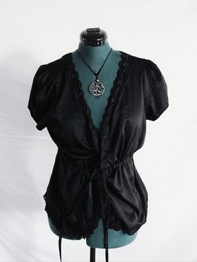 Black Short Sleeve Lace-Trim Women's Top